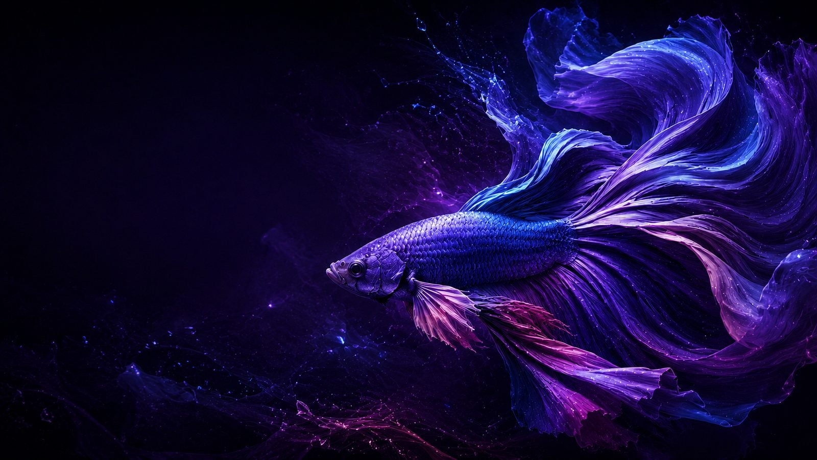 Abstract purple and blue Betta fish in flowing motion, splashing through dark water