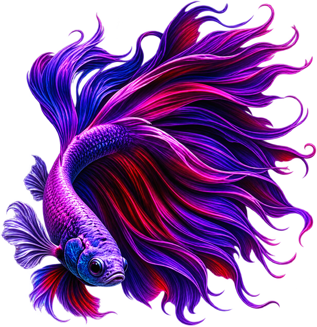 Vivid purple and red Betta fish illustration with flowing fins, isolated on a transparent background