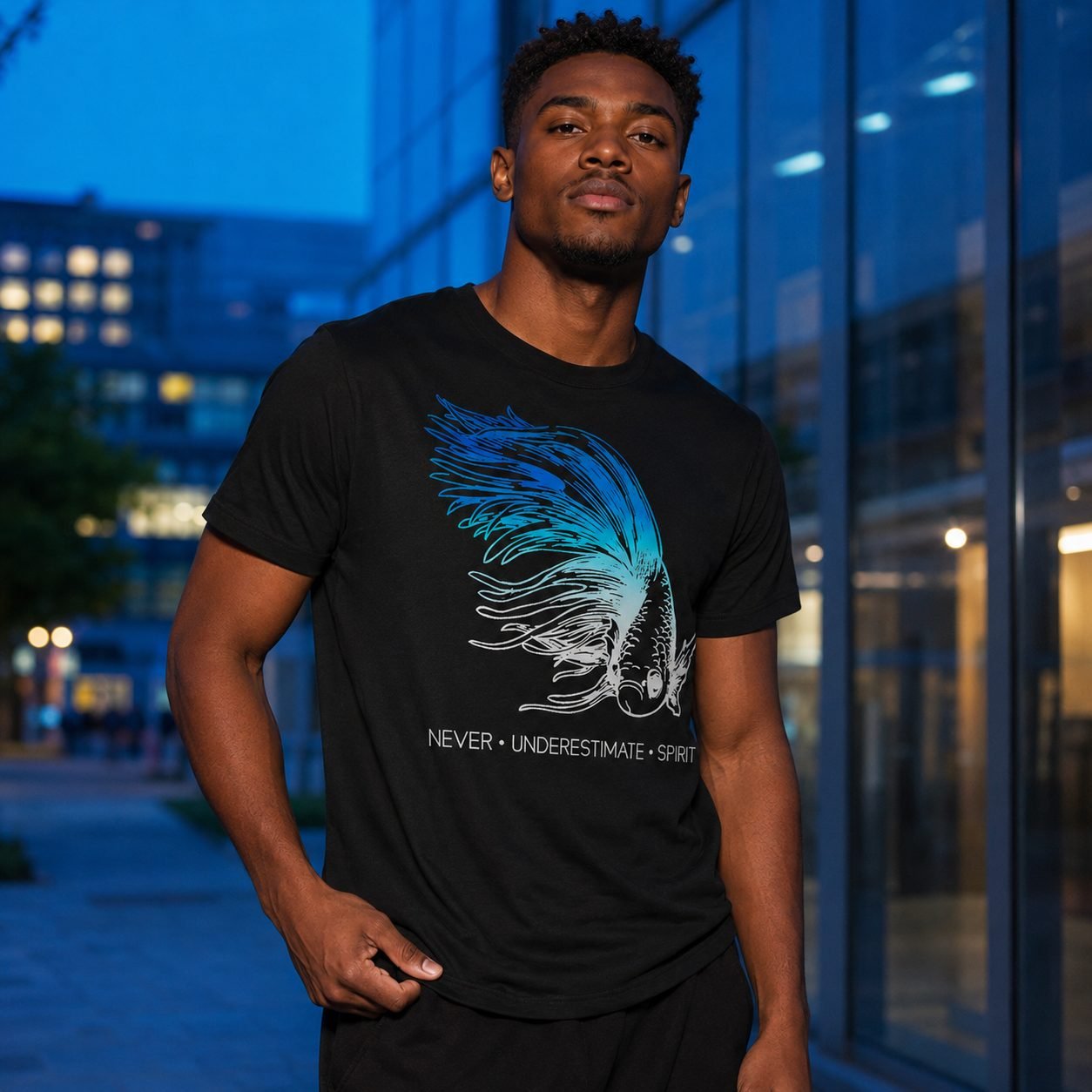 Man wearing Blue Focus tee against a blue-lit city backdrop