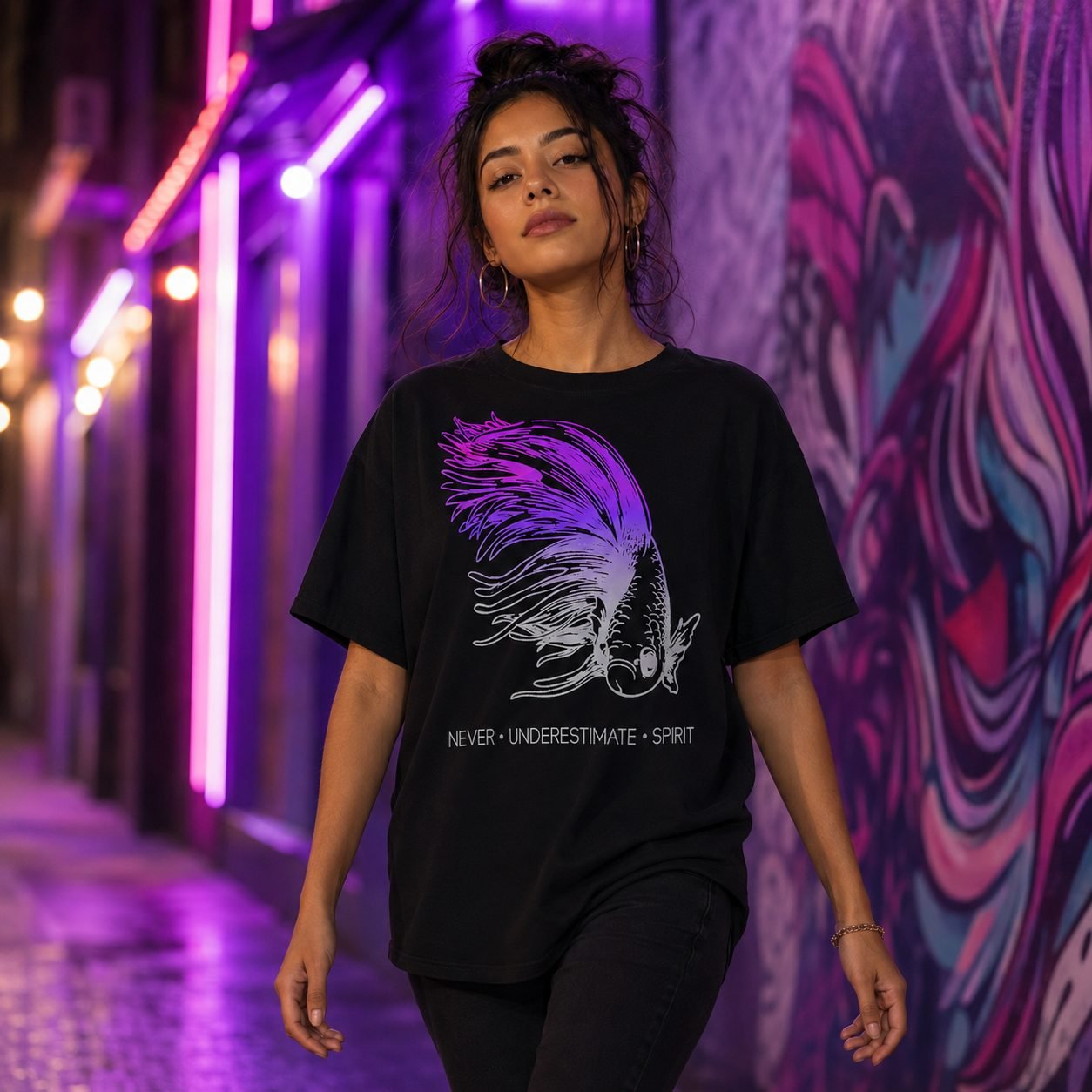 Woman wearing Purple Energy tee on a neon-lit street